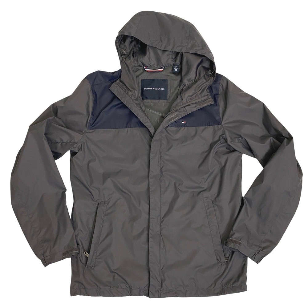 Tommy Hilfiger Mens Grey Navy Colorblock Hooded Windbreaker Jacket 156AP010 S